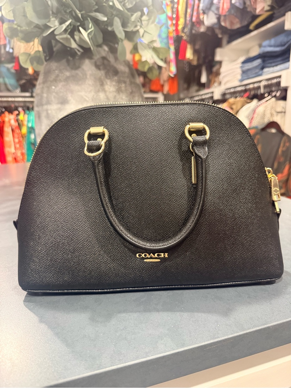 Coach Katy Satchel Black Crossgrain Leather Gold Zip Top Handle Bag NWT
